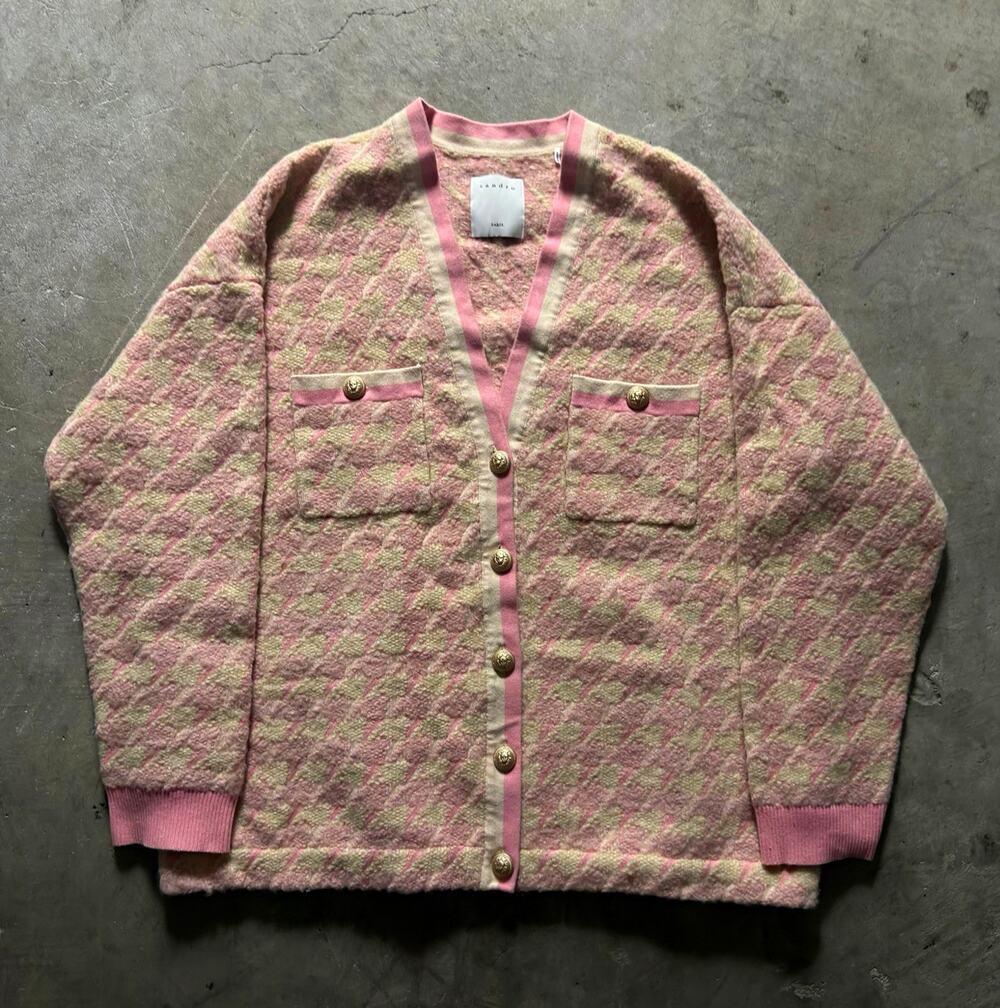 Sandro Pink Beige Argyle Knit Cardigan Sweater Women’s V-Neck Button Sz 4